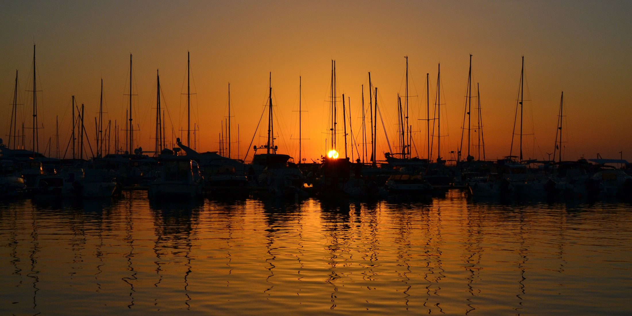 Sailboat masts silhouetted against an orange dusk sky in a full marina